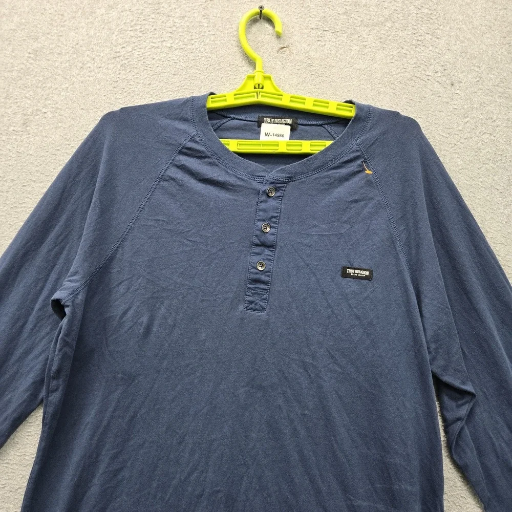 True Religion Men Shirt M/M Blue Henley Button Logo Long Sleeve